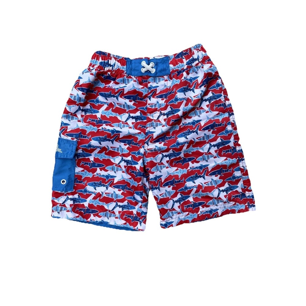 UV Skinz Boys Shark Swim Trunks‎ UPF 50+ Red Blue Lined Elastic Waist Size 7